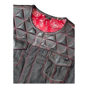 First MFG Co Women's XL Black Leather Denim Motorcycle Vest Red Stitch Concealed